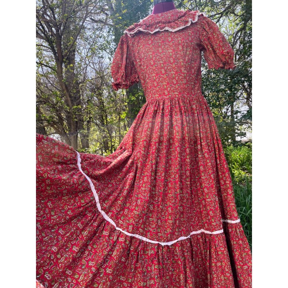 Vintage 1970s Peasant Maxi Dress Burgundy Cotton Paisley Flare - Picture 10 of 16